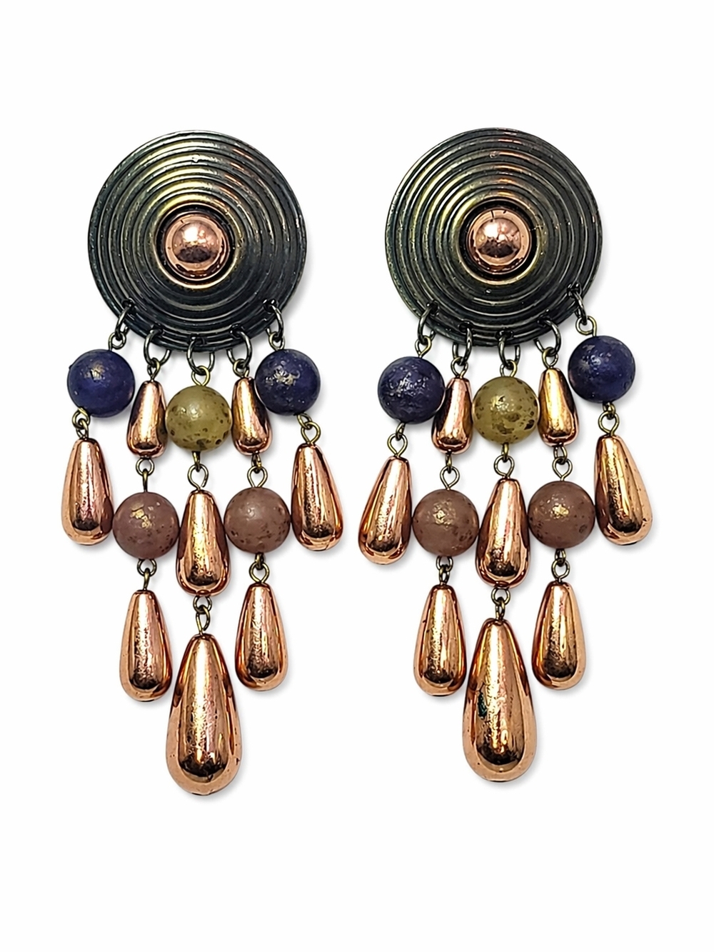Vintage Mixed Metal Copper Chandelier Earrings Boho Acrylic Bead Dangle
